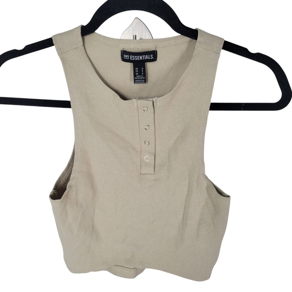 SWS Essentials Womens Sz S Tan Solid Sleeveless Ribbed Henley Crop Tank Top